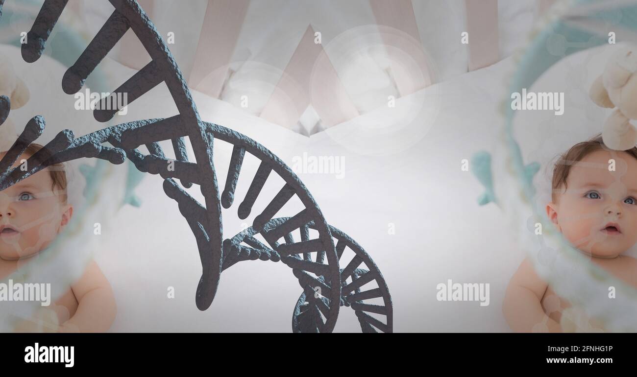 Bébé caucasien avec les yeux bleus regardant la caméra avec concept d'adn Banque D'Images