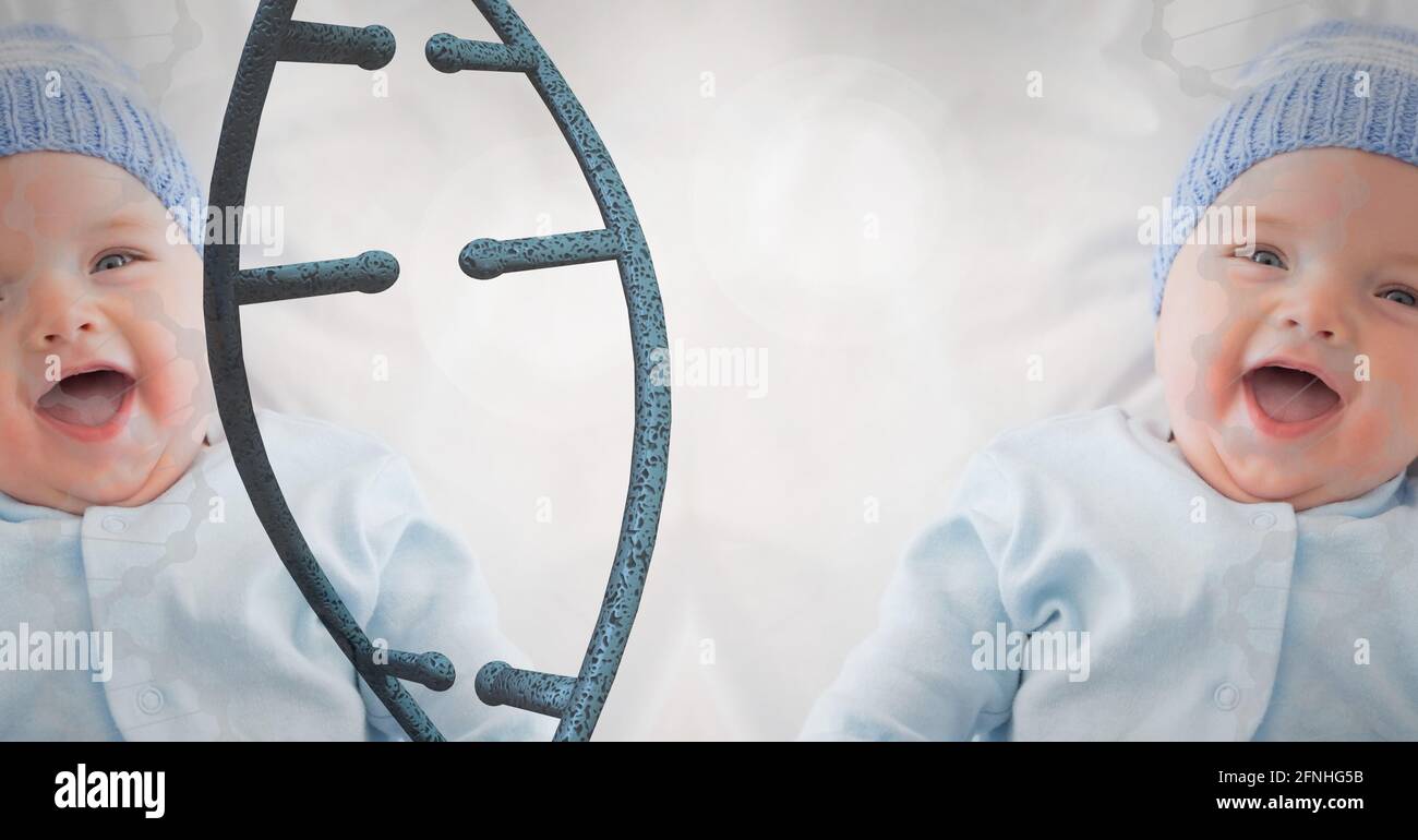 Bébé caucasien avec les yeux bleus regardant la caméra avec concept d'adn Banque D'Images