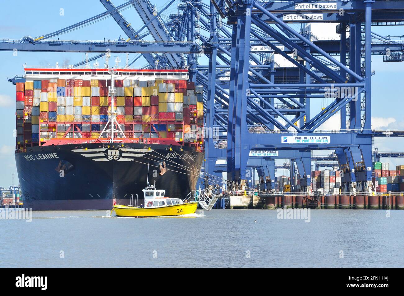 Le ferry du port de Harwich est nain par le bateau à conteneurs MSC Leanne à quai au port de Felixstowe, Suffolk, Angleterre, Royaume-Uni Banque D'Images