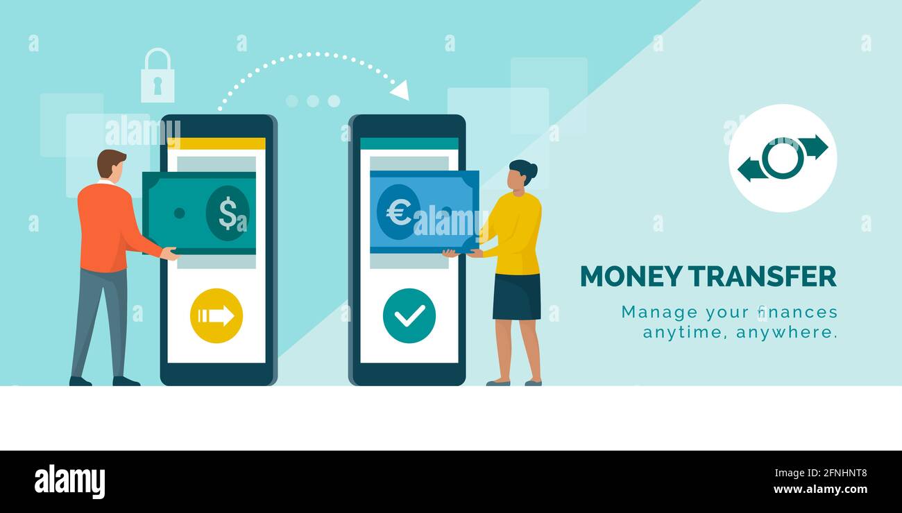 Transfert d'argent international et change de devises : les utilisateurs envoient et reçoivent de l'argent en ligne à l'aide d'une application bancaire mobile Illustration de Vecteur