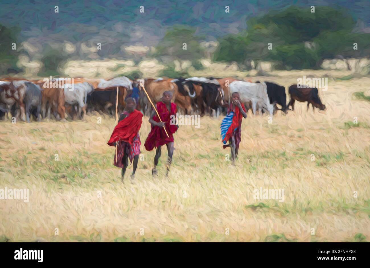 Masai Cowhardes contrôlant leurs bovins dans le Serengeti en Tanzanie. Banque D'Images
