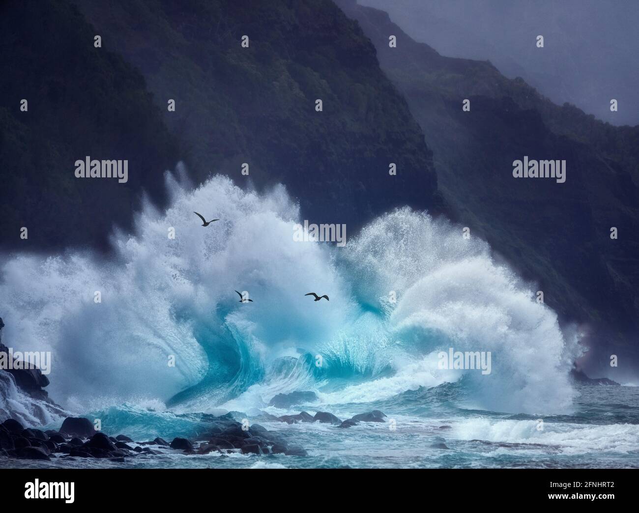 Vagues de tempête, au large de la plage de Ke'e, Kauai, Hawaï Banque D'Images