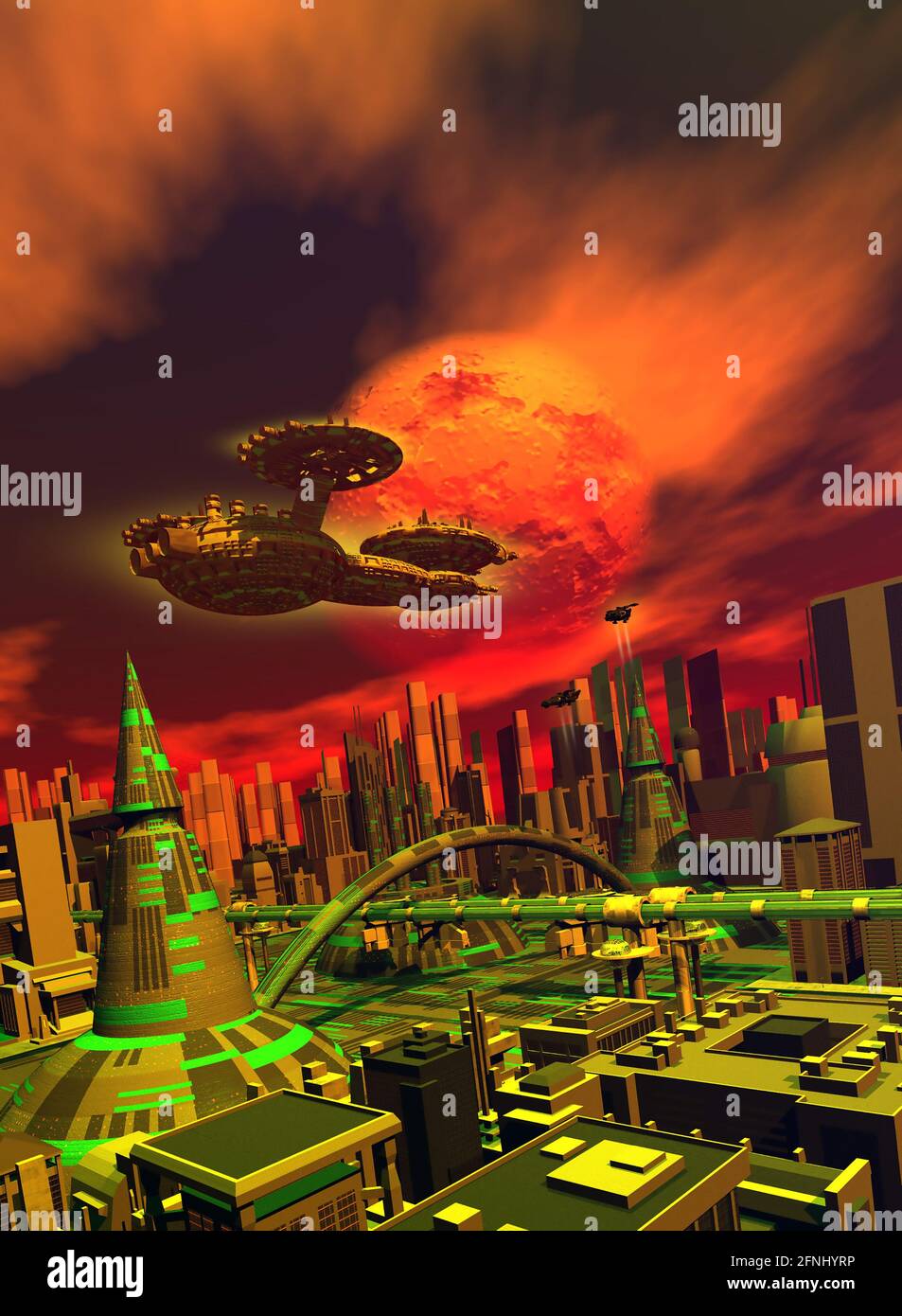 vaisseau spatial survolant la ville futuriste, rendu 3d Banque D'Images