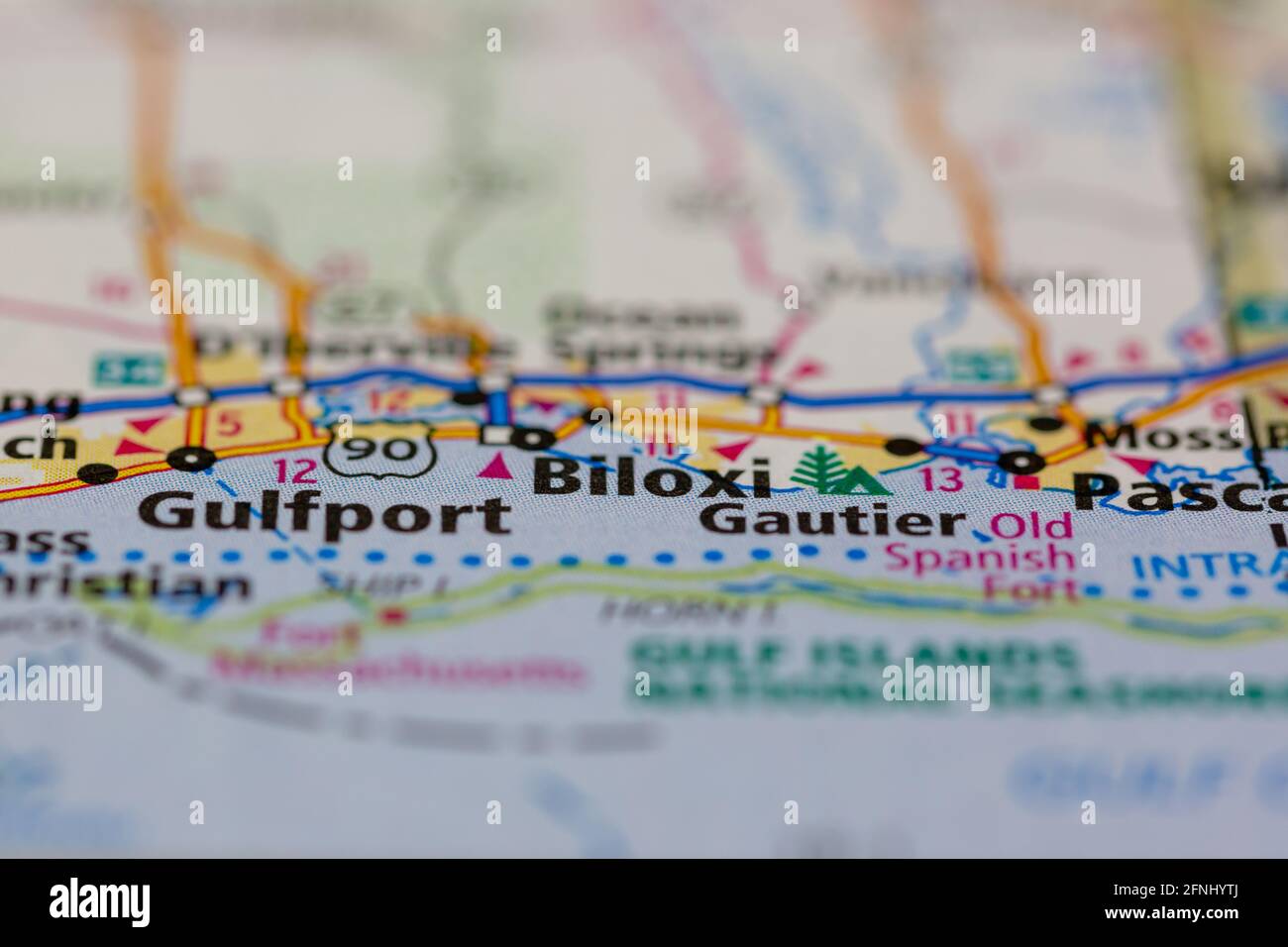 Biloxi Mississippi USA indiqué sur une carte de géographie ou sur une route carte Banque D'Images