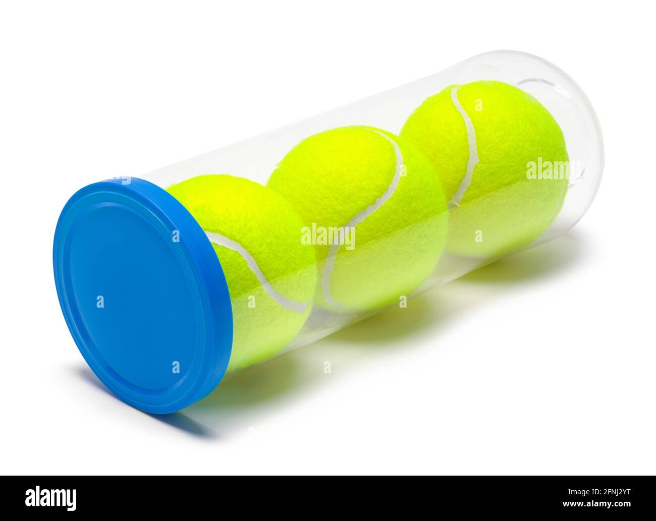 Trois balles de tennis dans un transparent non ouvert peut couper. Banque D'Images
