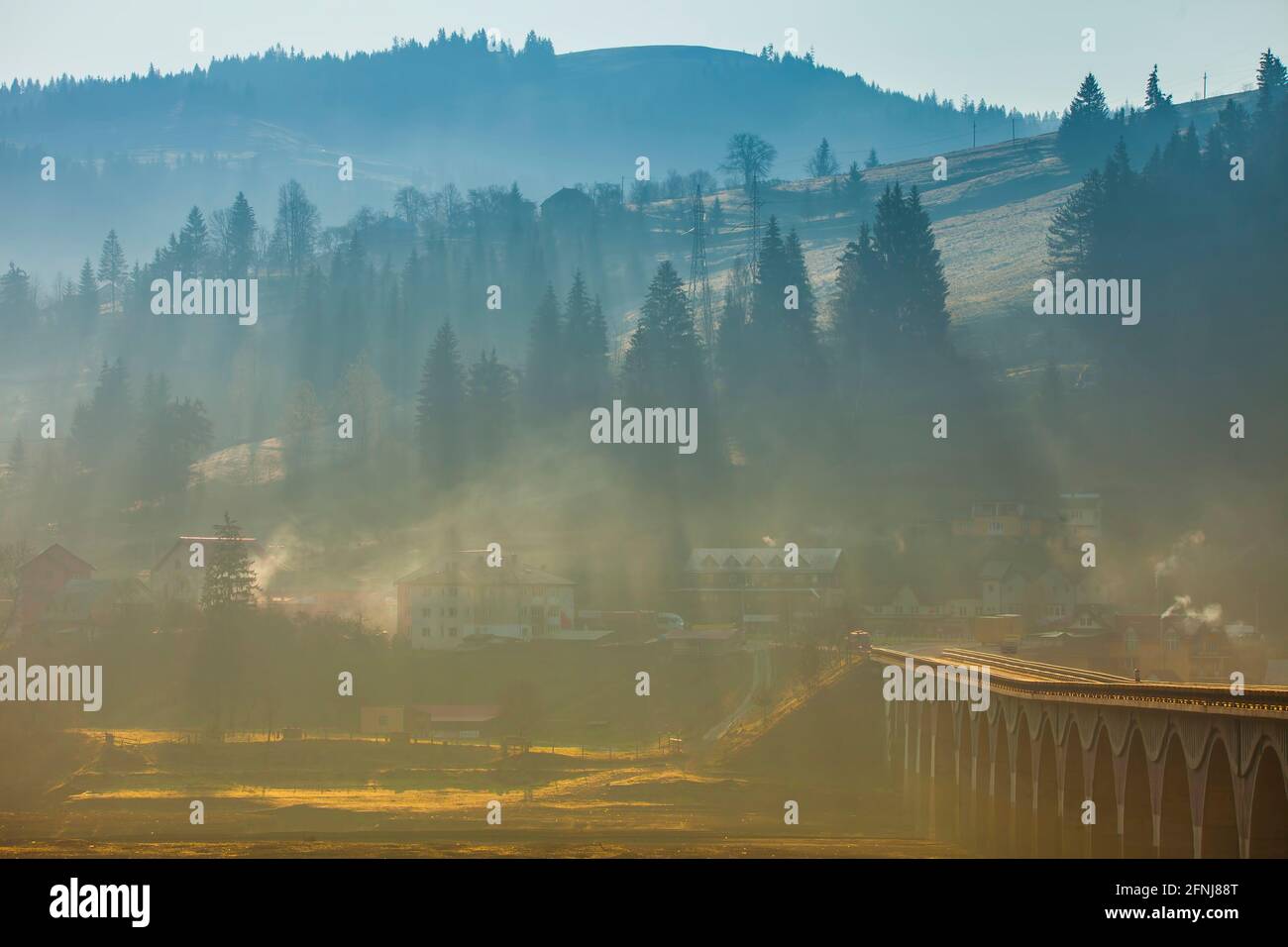 Paysage du matin dans le village. Brume et scène forestière, Roumanie Banque D'Images