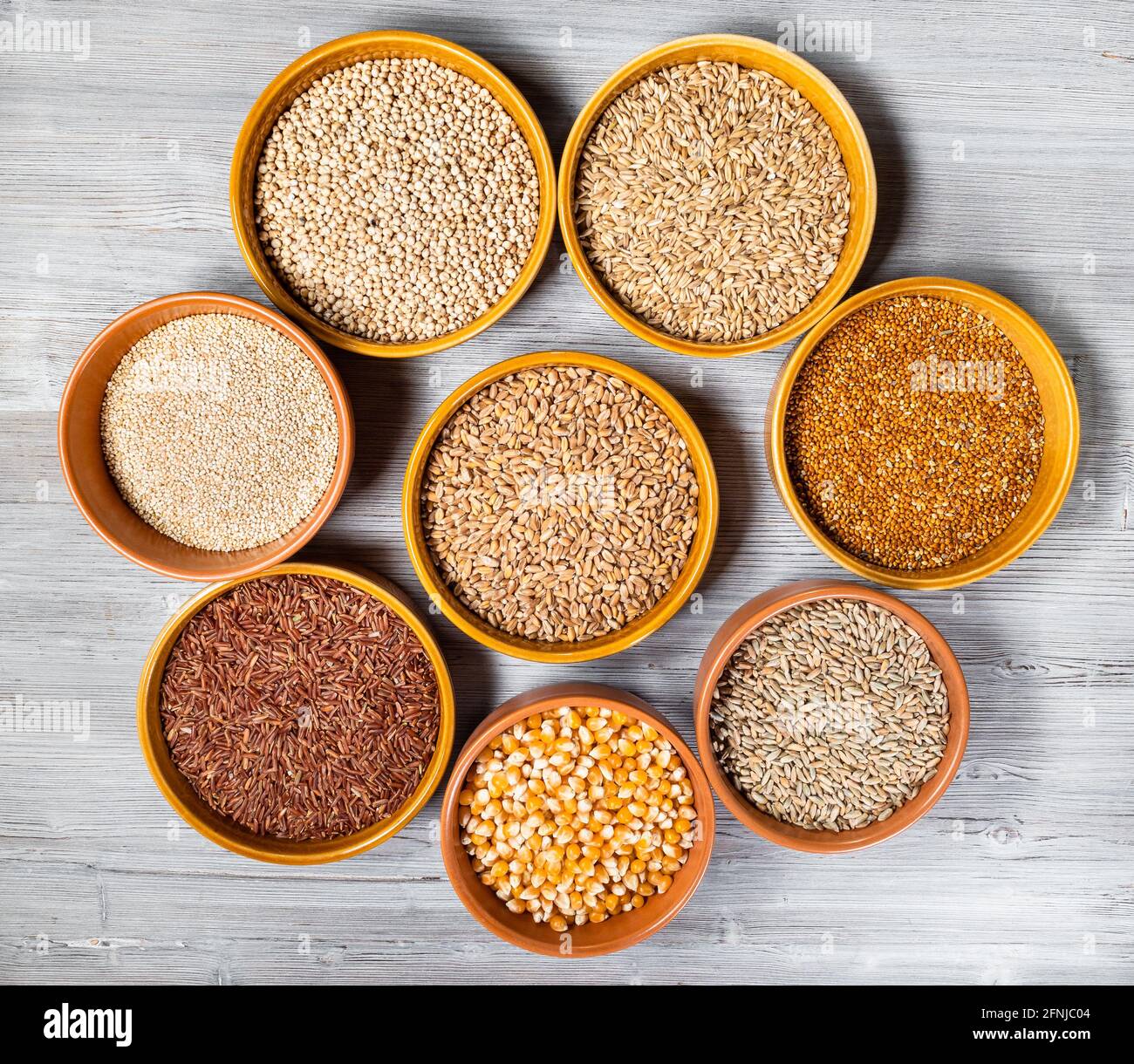 vue de dessus de divers grains de wholegrain (maïs, riz, quinoa, mil, seigle, blé, sorgho, avoine) dans des bols ronds en céramique sur une table en bois gris Banque D'Images