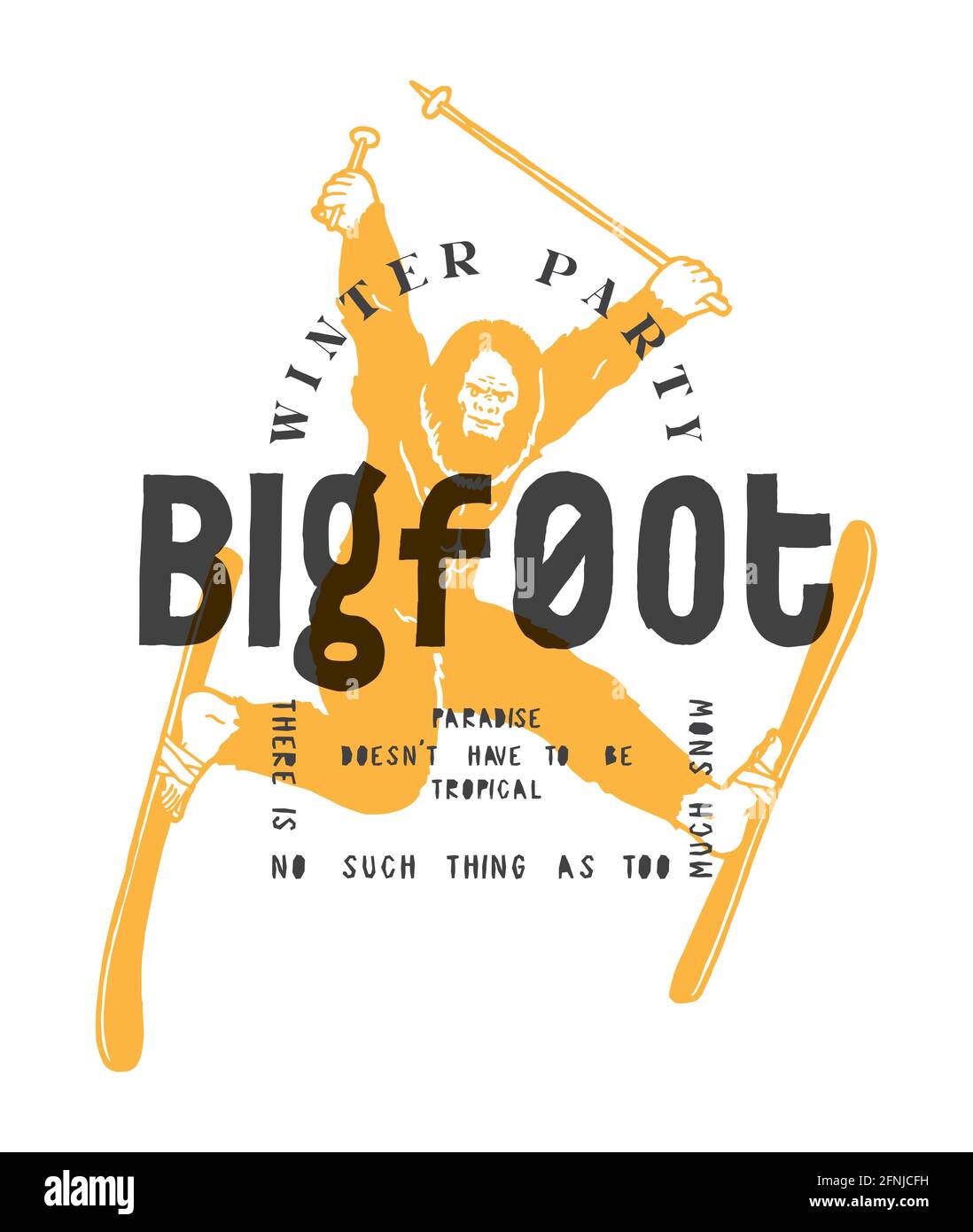 Imprimé typographique de ski de Bigfoot. personnage de sasquatch amusant sur les skis. Imprimé typographique de fête d'hiver. Snow Paradise drôle t-shirt imprimé vecteur illustrat Illustration de Vecteur