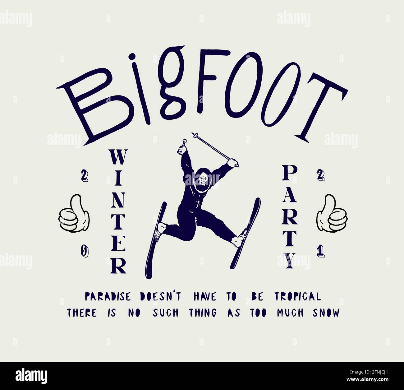 Imprimé t-shirt imprimé typographie des sports d'hiver Bigfoot on skis. Winter Party sasquatch t-shirt imprimé vectoriel illustration. Illustration de Vecteur