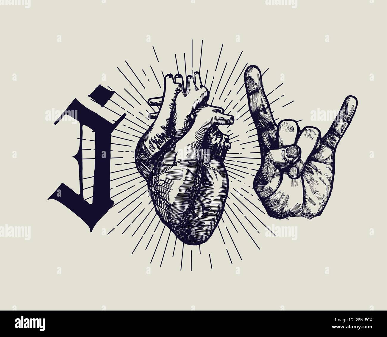 J'aime la musique rock - affiche vintage avec lettre gothique et gravure médiévale de coeur et signe de cornes geste de main Illustration de Vecteur