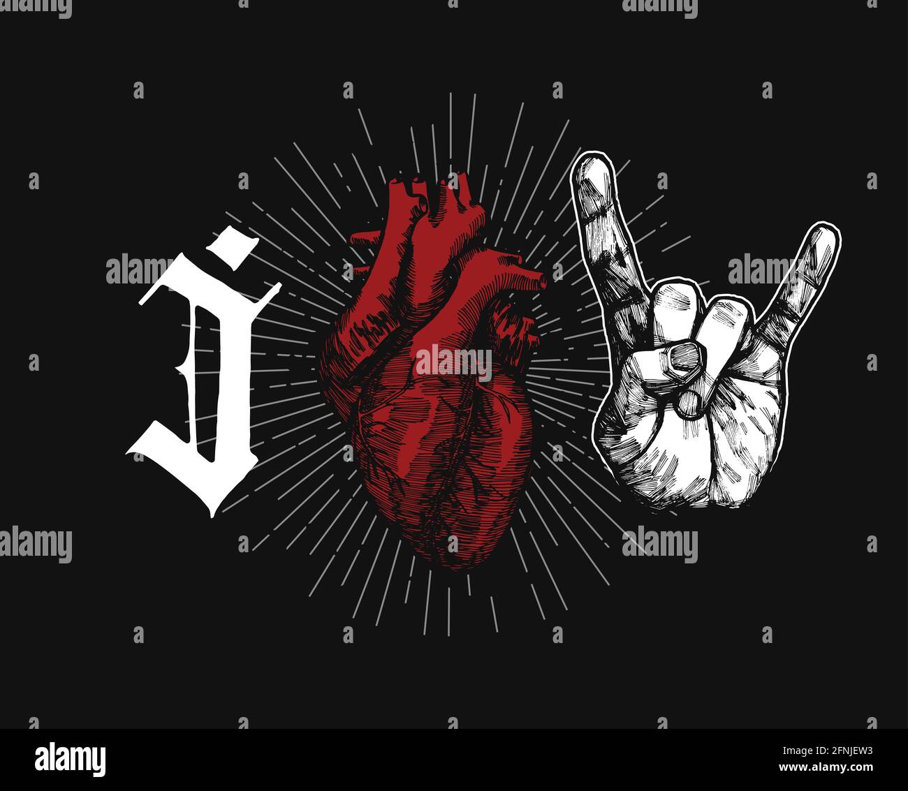 rock main signe de cornes imprimé gothique - j'aime rock Illustration de Vecteur