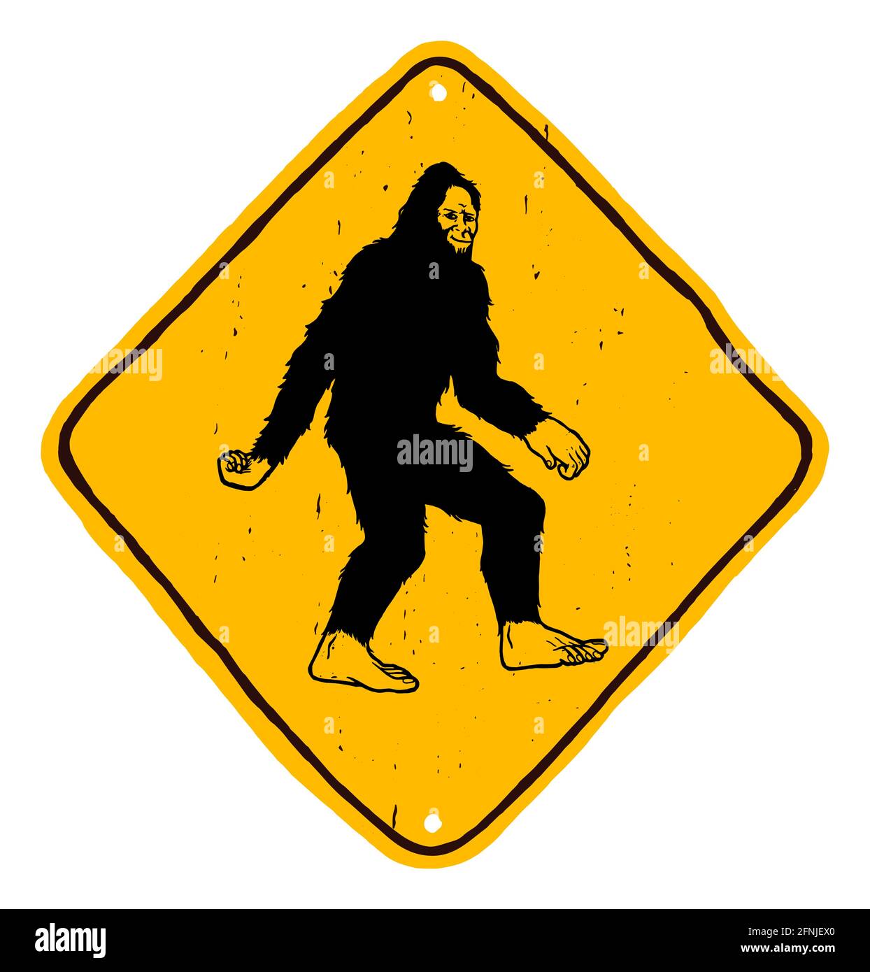 Panneau de signalisation Bigfoot - avertissement de forme de diamant jaune dessiné à la main panneau avec yeti - attention à sasquatch Illustration de Vecteur