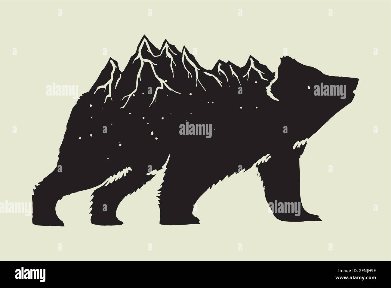 Ours avec chaîne montagneuse sur son illustration vectorielle isolée au dos. Symbole des parcs nationaux américains. L'esprit animal de l'extérieur. Illustration de Vecteur