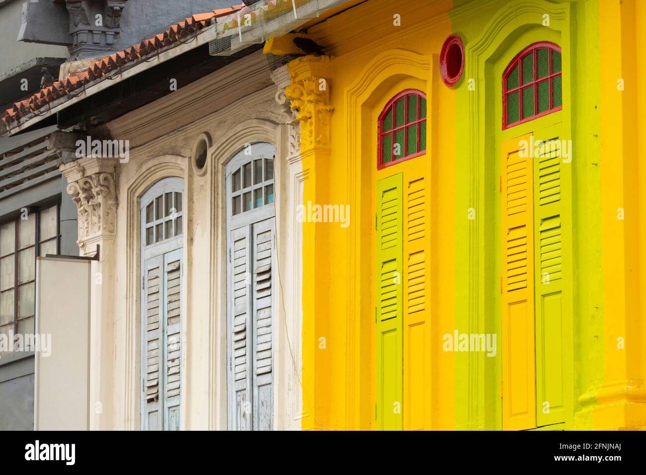 Fenêtres aux couleurs vives sur les façades de bâtiments de Little India et de la ville chinoise, près de Rochor, à Singapour, en Asie du Sud-est. Bel exemple de c Banque D'Images