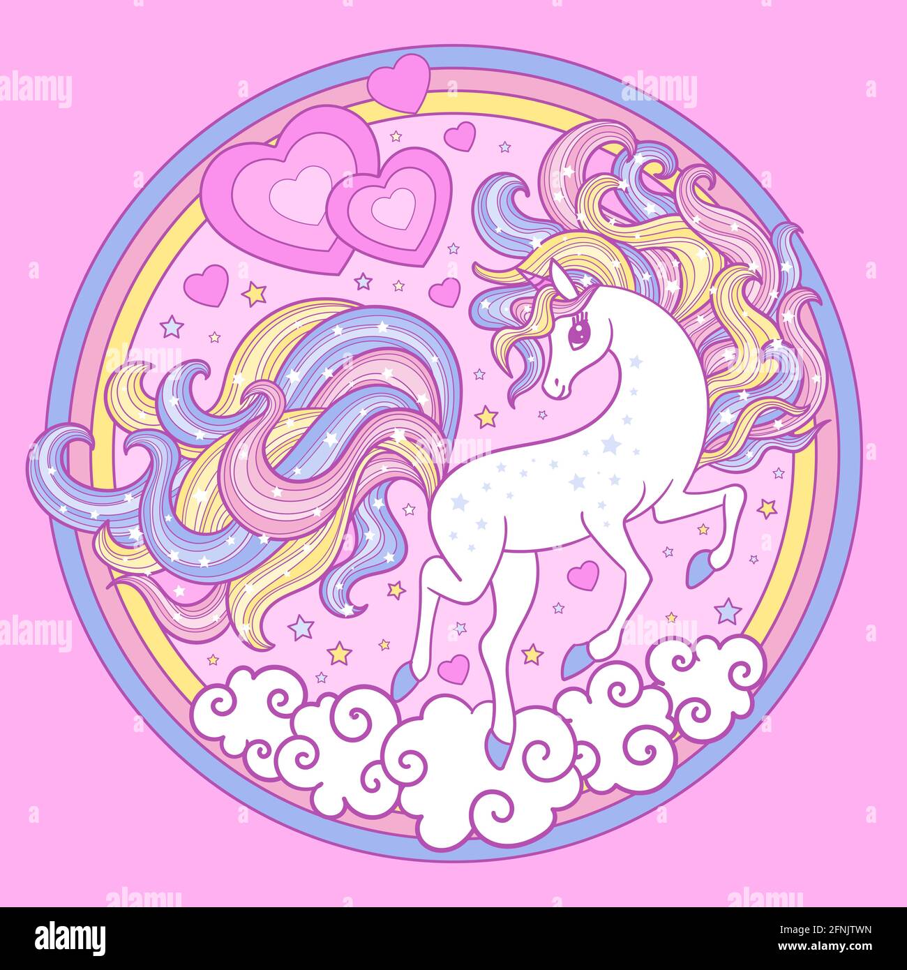 Jolie licorne blanche sur fond rose. Composition du cercle. Vecteur Illustration de Vecteur