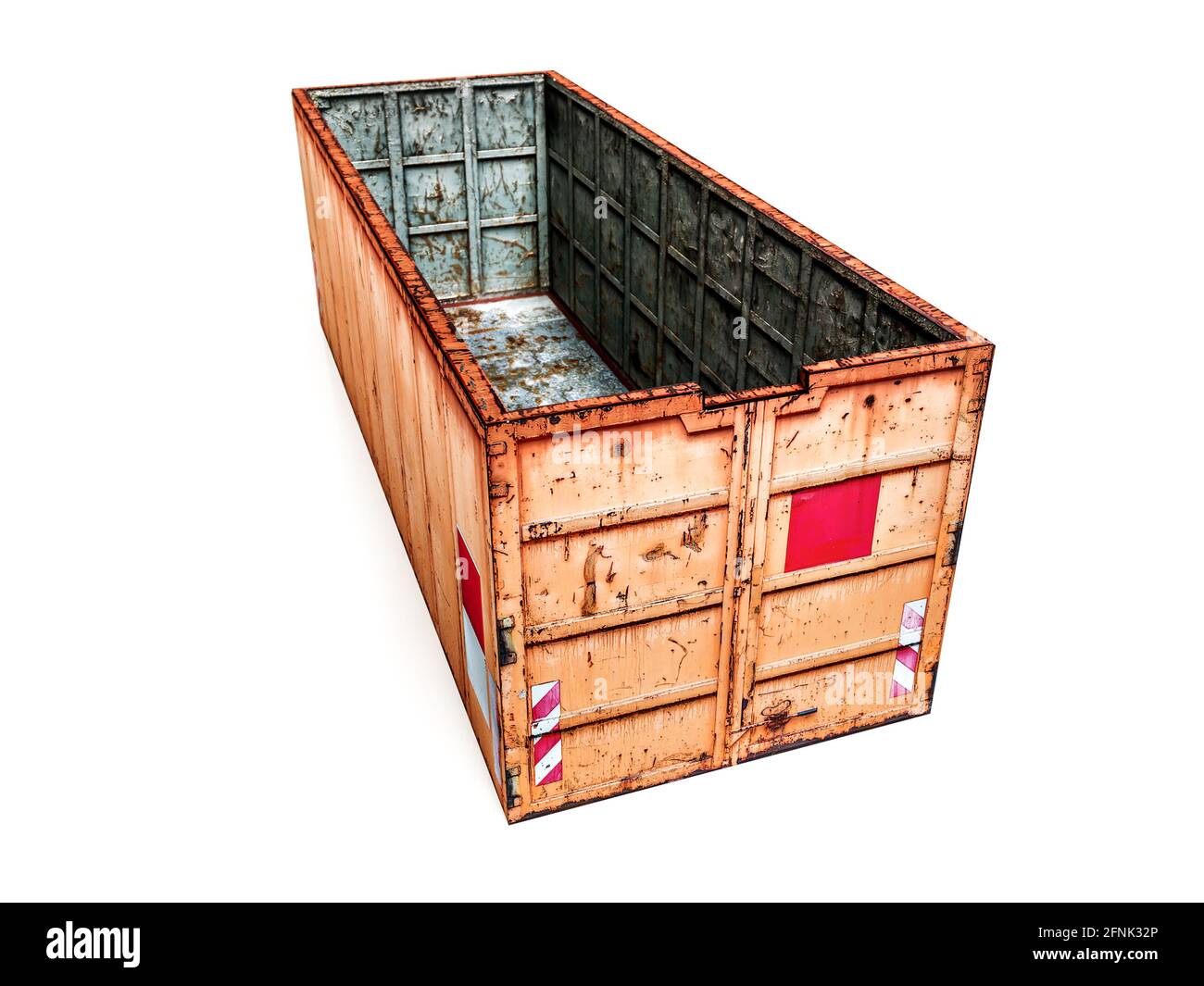 Rendu 3D de la grande benne à déchets industriels orange sur blanc Banque D'Images