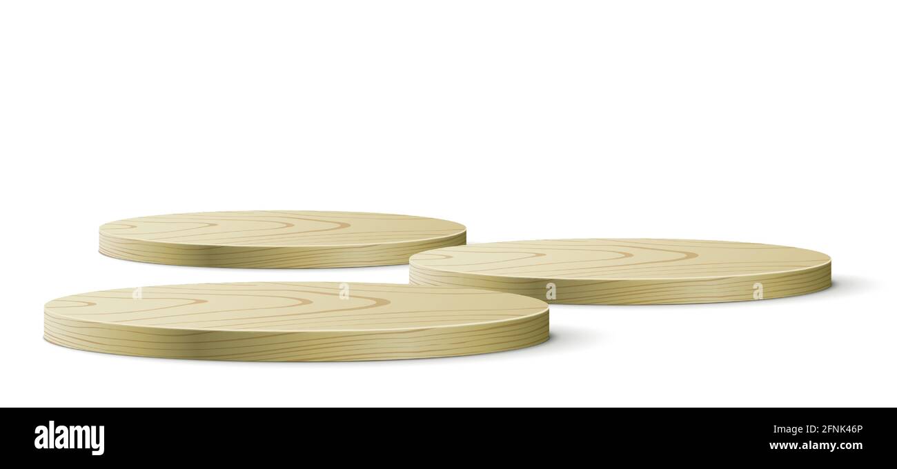 Bureaux ovales en bois isolés sur fond blanc. Panneaux en bois de forme ronde avec espace pour la présentation des produits, le placement d'objets, ou certaines présentations. Illustration vectorielle. Illustration de Vecteur