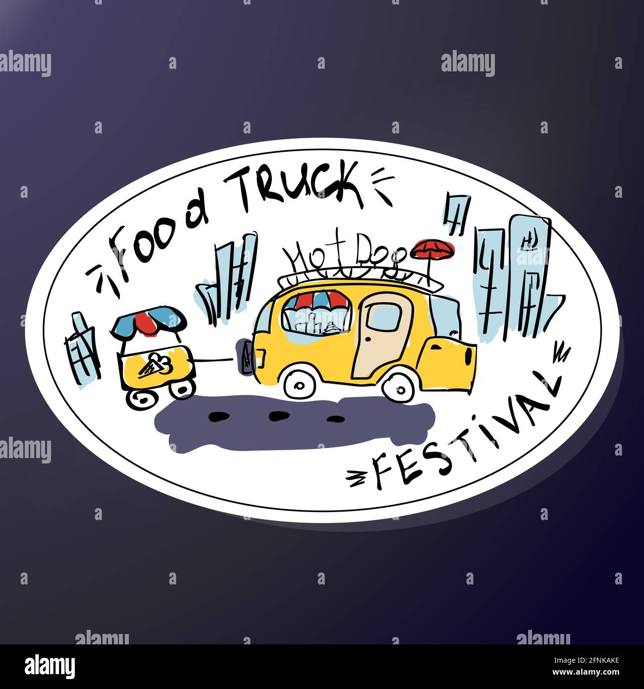 Emblème du festival des camions alimentaires. Un autocollant avec une camionnette de restauration rapide. Café jaune sur roues. Illustration de l'encre vectorielle. Colorer l'esquisse. Illustration de Vecteur