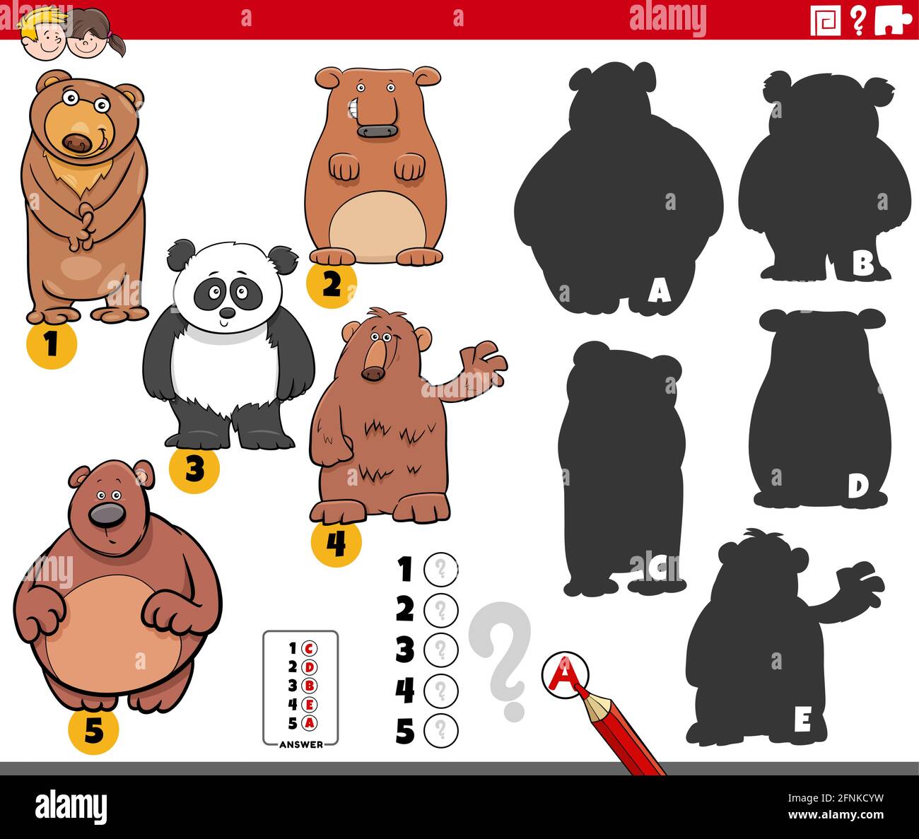 Illustration de dessin animé de la recherche des ombres à droite sur les images jeu éducatif pour les enfants avec des ours personnages animaux Illustration de Vecteur