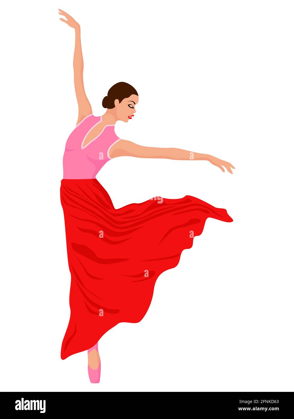 Ballerine charmante en robe sur des teintes roses et rouges, dessin à la main vecteur, isolé sur le fond blanc Illustration de Vecteur