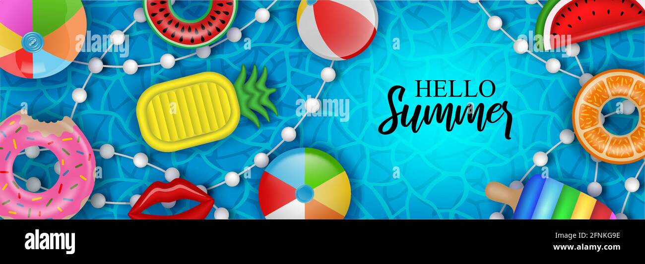Bannière Hello Summer avec boules gonflables, matelas et anneaux de natation sur fond d'eau de piscine Illustration de Vecteur
