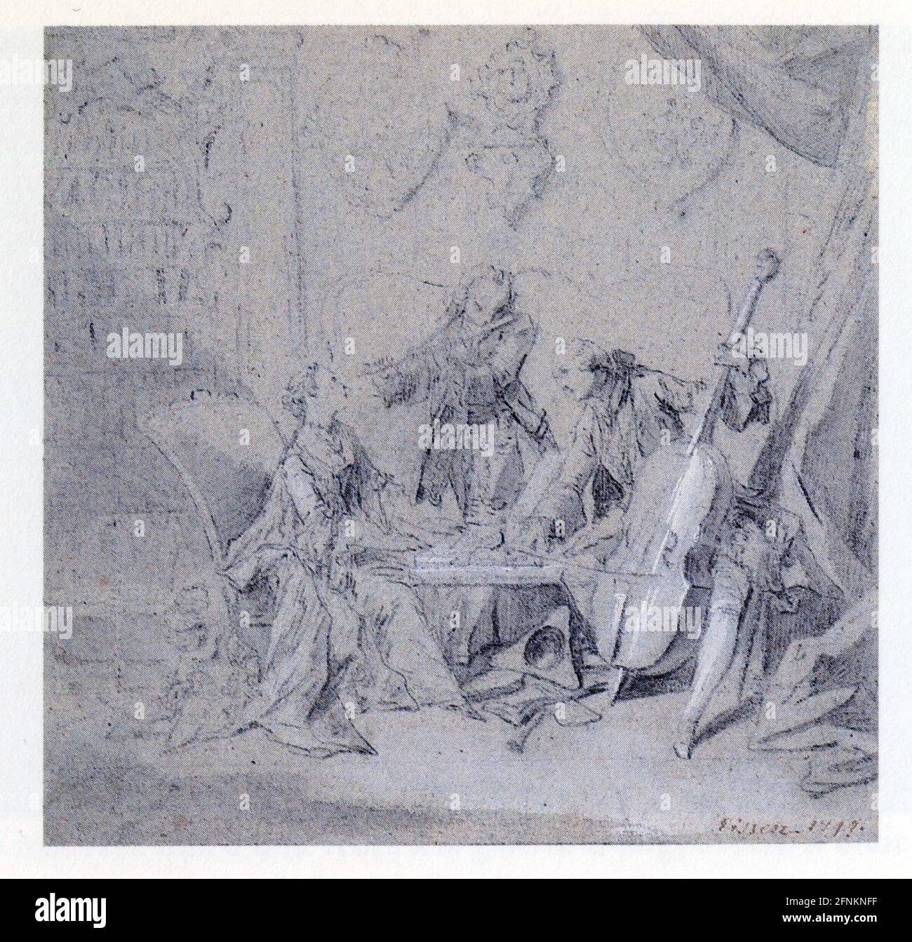 Charles Eisen 1721-1778. Musique de chambre dit aussi le concert. Pierre noire, rehauts de lavis gris et noir sur papier bleu. Banque D'Images