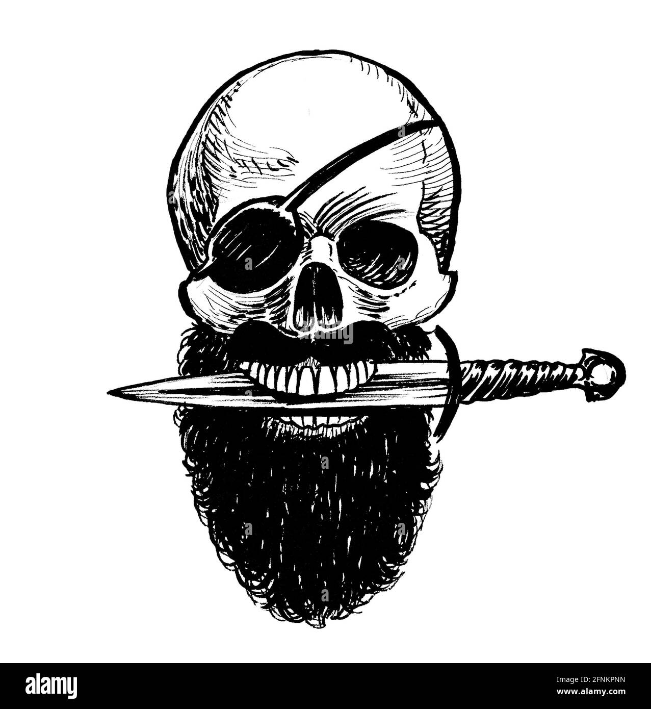 Crâne de pirate avec un poignard dans ses dents. Dessin noir et blanc Banque D'Images