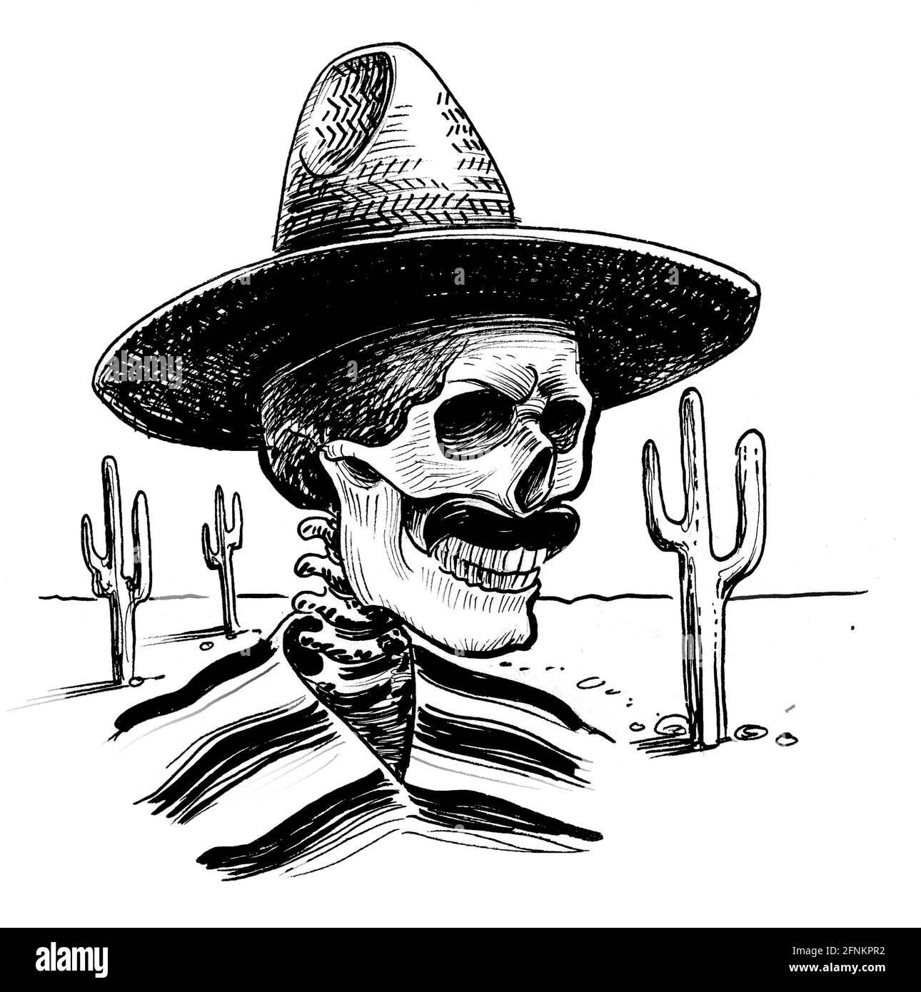 Bandit mexicain mort dans un chapeau de sombrero dans le désert. Dessin noir et blanc Banque D'Images