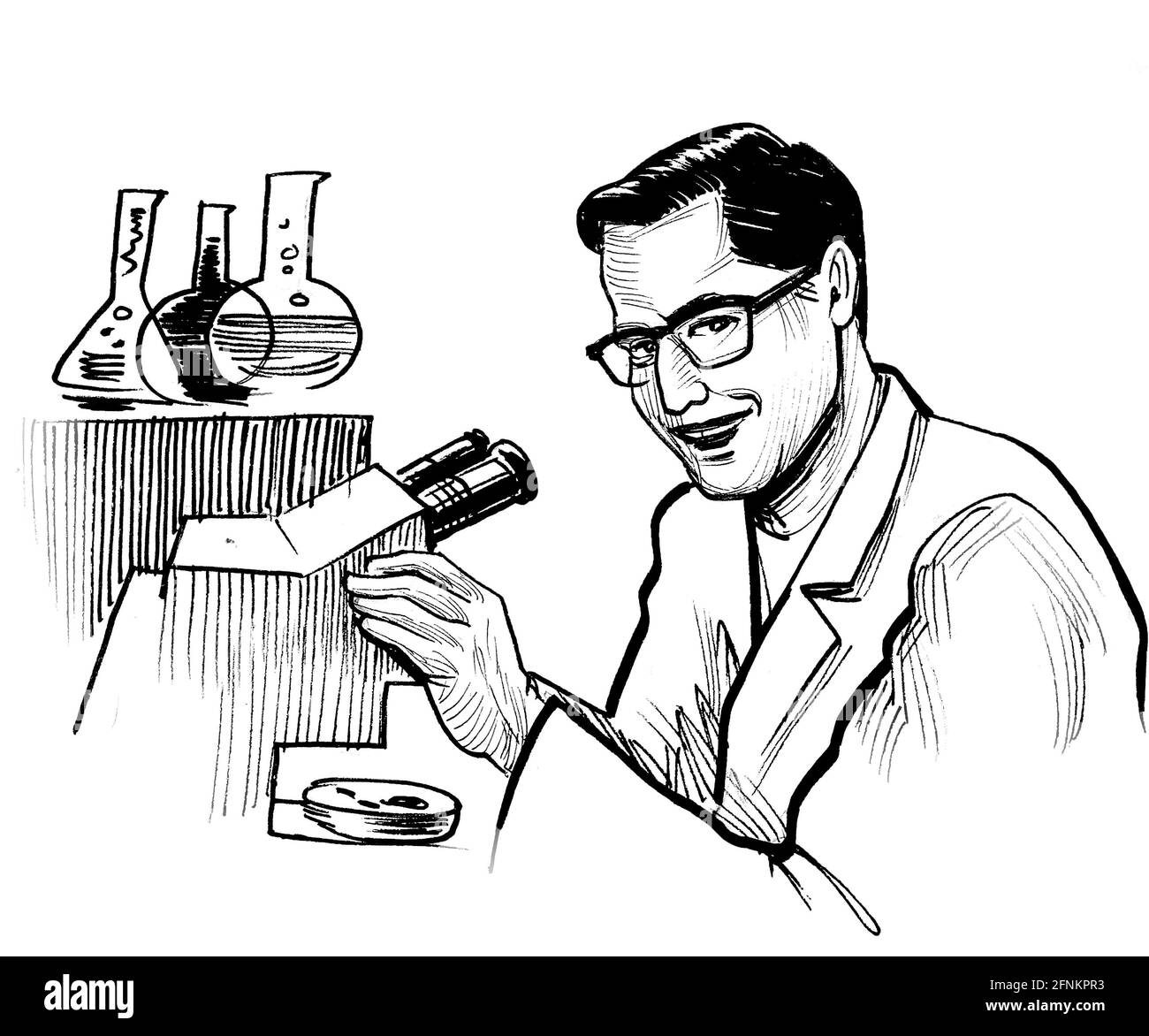 Scientifique et microscope. Dessin noir et blanc Photo Stock - Alamy