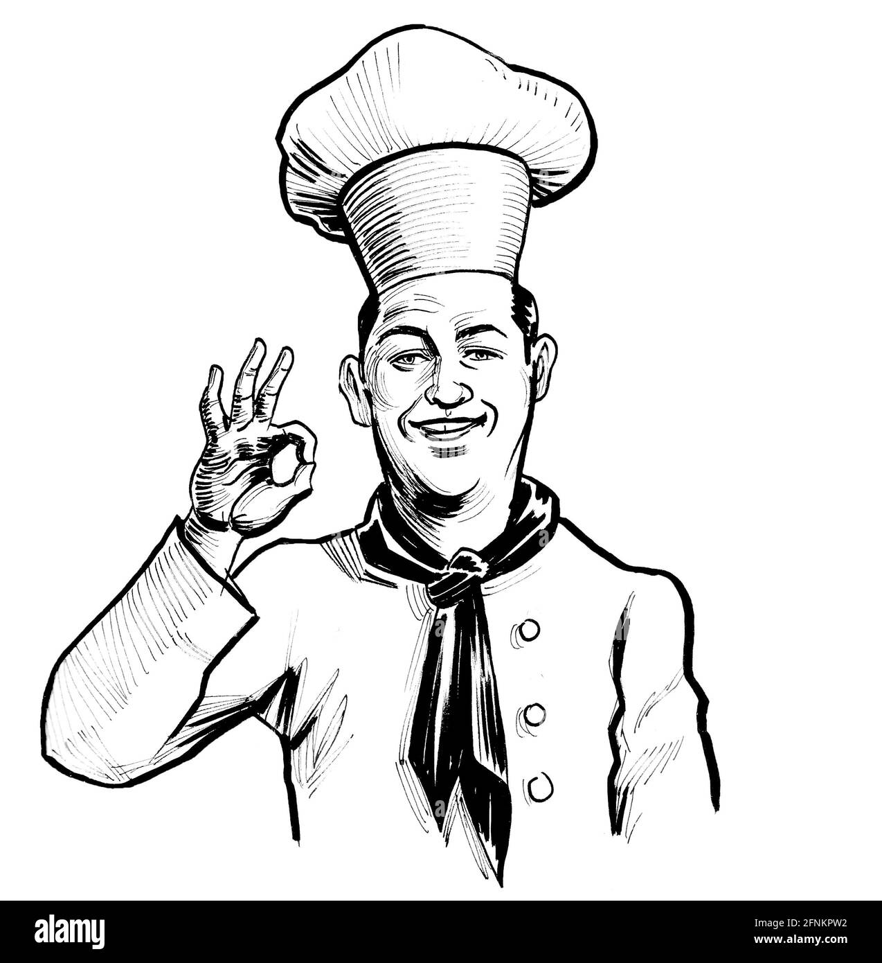 Le chef du restaurant affiche le panneau OK. Dessin noir et blanc Banque D'Images