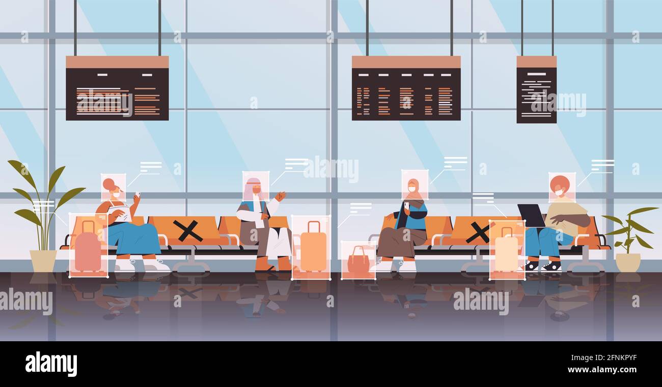 détection et identification des personnes dans la reconnaissance faciale du terminal de l'aéroport System ai Analyze Big Data concept Illustration de Vecteur