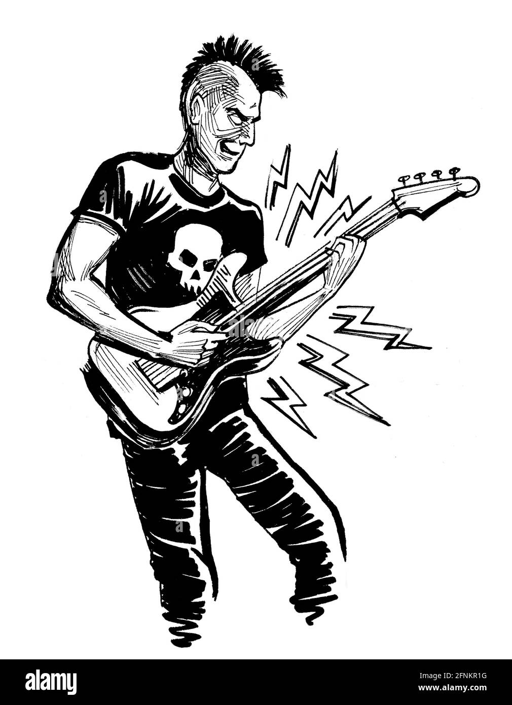 Punk Rocker jouant de la guitare électrique. Dessin noir et blanc Banque D'Images