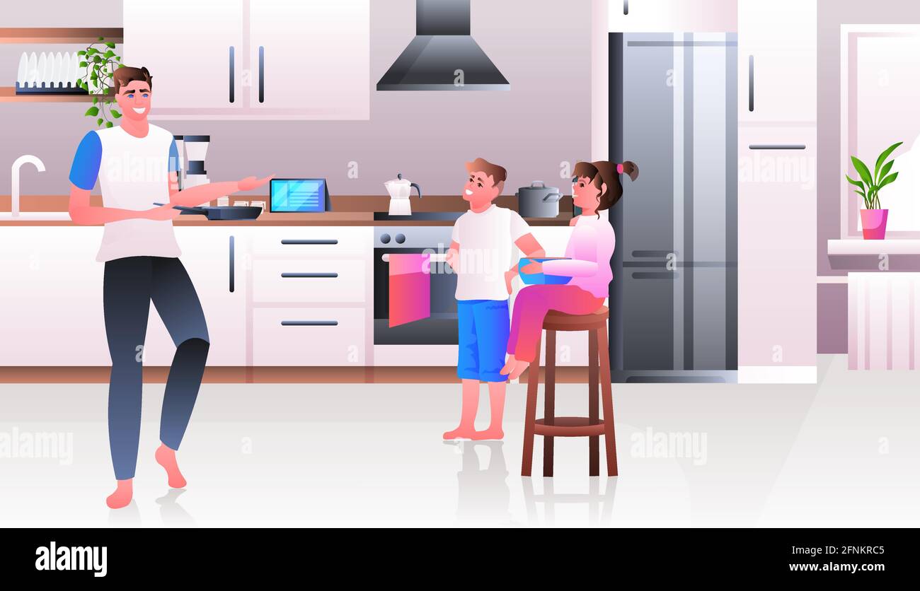 un jeune père cuisant avec des enfants à la cuisine paternité concept parental horizontale Illustration de Vecteur