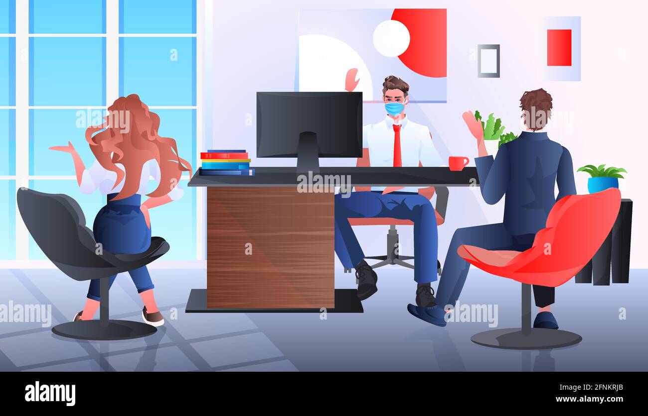 les hommes d'affaires font équipe dans les masques en discutant pendant la communication de bulle de chat de réunion brainstorming Illustration de Vecteur