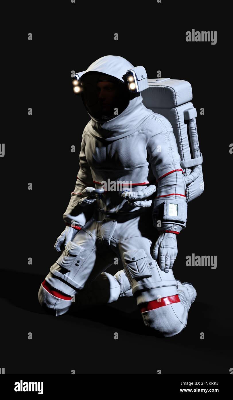 illustration 3d l'astronaute pose contre isolé sur fond noir avec chemin de coupure. Banque D'Images