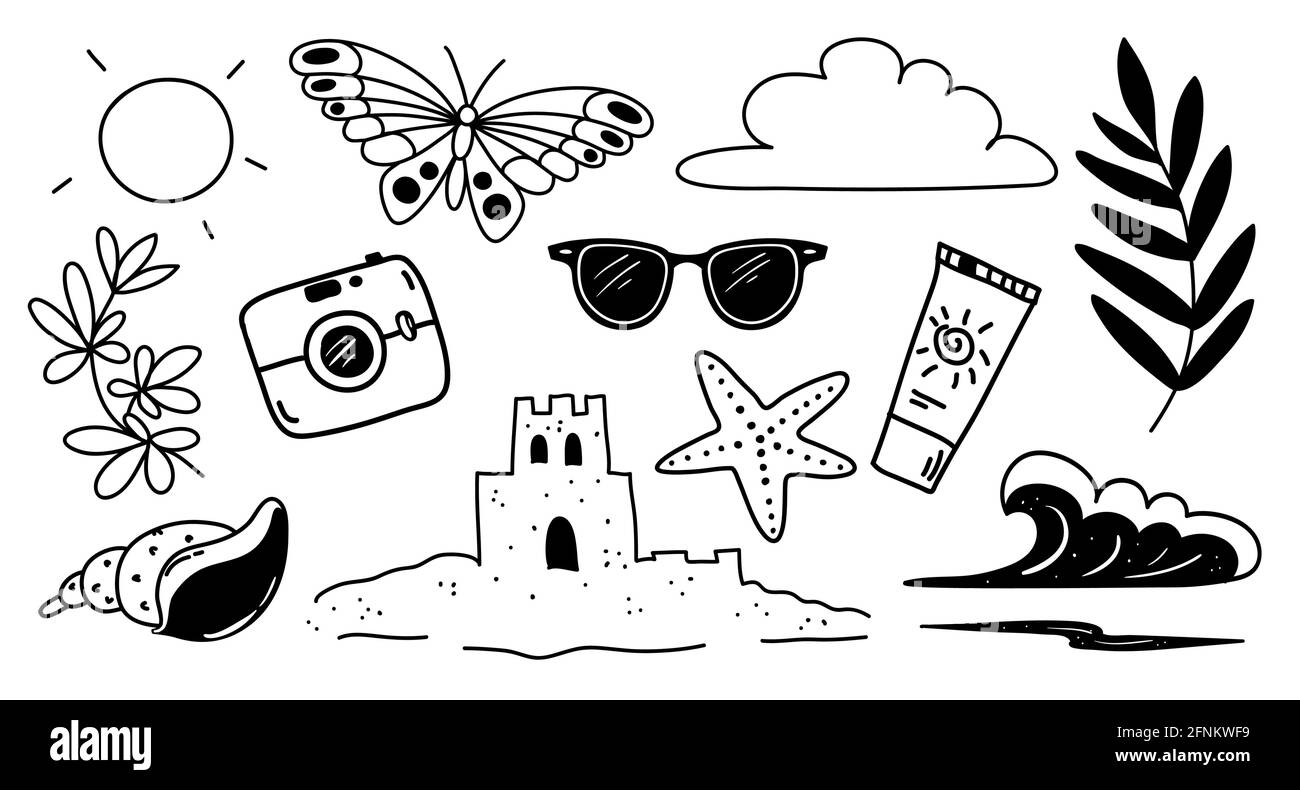 Divers attributs de l'été dessinés dans un style de doodle tendance - soleil, nuage, papillon, lunettes de soleil, crème solaire, coquillages, château de sable, caméra, vagues, branche de palmier, starfish. Illustration vectorielle isolée. Illustration de Vecteur