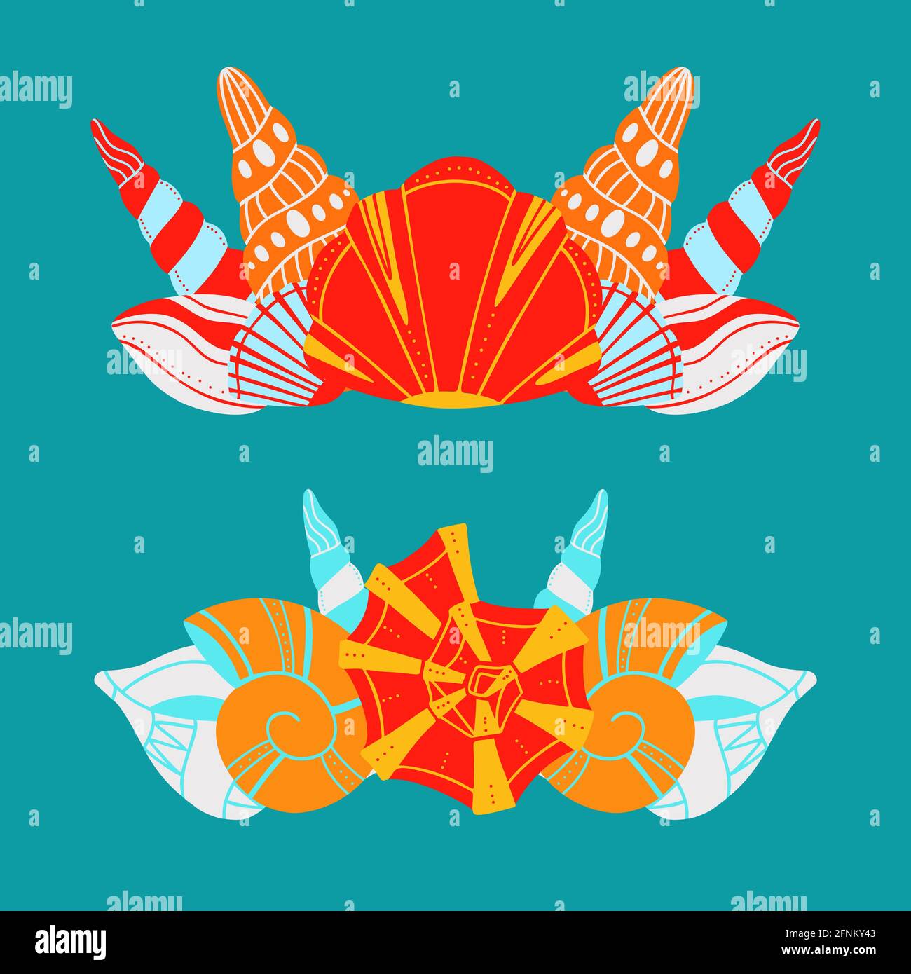 Jeu de couronnes de mer des coquillages sur fond bleu. Séparateurs de texte vectoriel. Délimiteurs avec mollusques de mer et escargots avec le modèle de boho. D multicolore Illustration de Vecteur