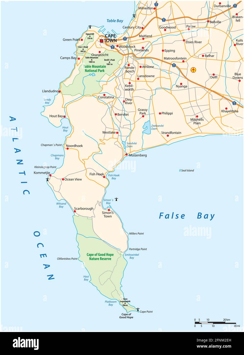 Carte routière vectorielle de Cape Peninsula, Cape Town, Afrique du Sud Illustration de Vecteur