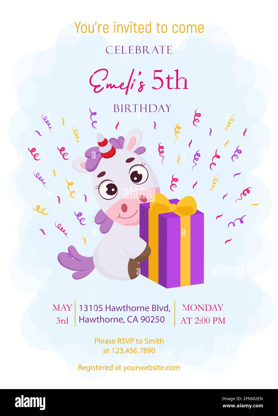 Modele De Carte D Invitation Imprimable De Fete D Anniversaire Modele D Evenement Avec Adorable Licorne Magique Et Boite Cadeau Vecteur I De Couleur Vive Image Vectorielle Stock Alamy