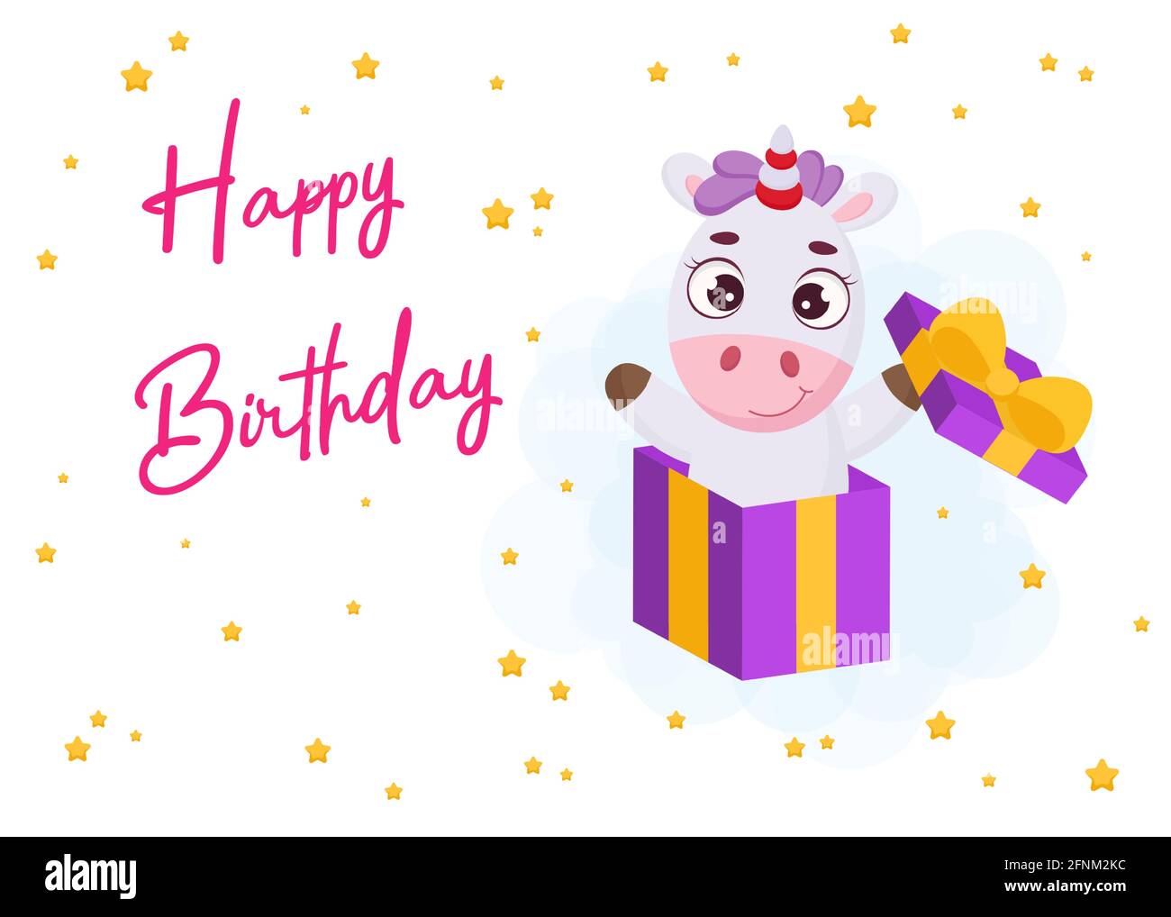 Modele De Carte De Voeux Imprimable Pour Fetes De Joyeux Anniversaire Avec Une Jolie Licorne Magique Sautant Dans Une Boite Cadeau Illustration Vectorielle De Couleur Vive Image Vectorielle Stock Alamy