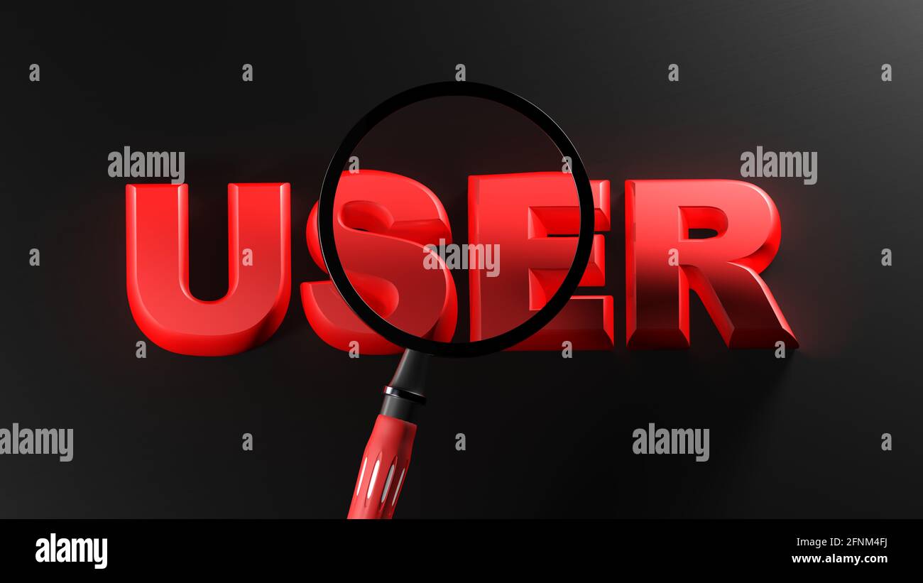 Loupe passant sur le mot UTILISATEUR en lettres rouges Arrière-plan noir - illustration du rendu 3D Banque D'Images