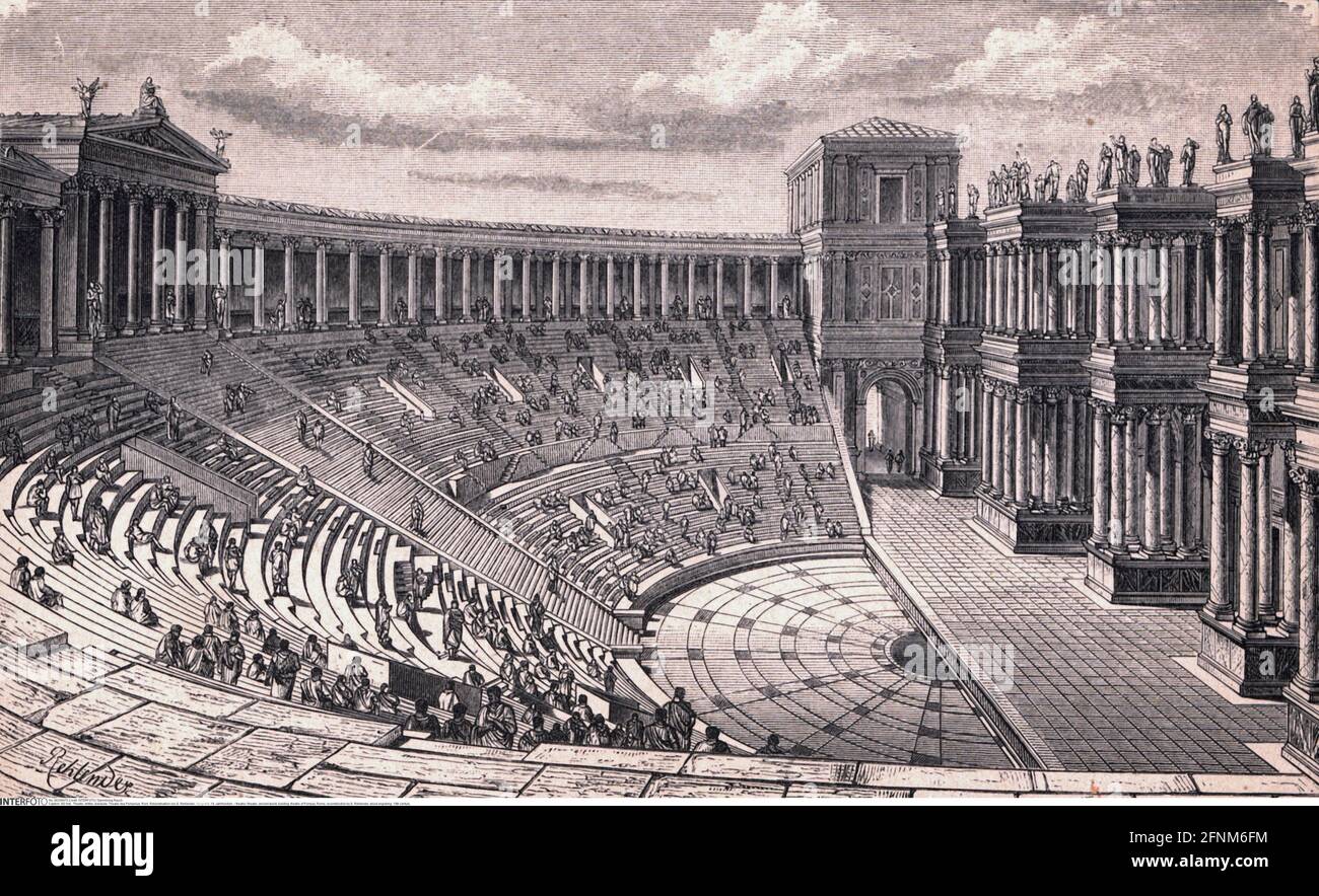 théâtre, monde antique, bâtiment, théâtre de Pompey, Rome, Reconstruction par G. Rehlender, DROITS-SUPPLÉMENTAIRES-AUTORISATION-INFO-NON-DISPONIBLE Banque D'Images