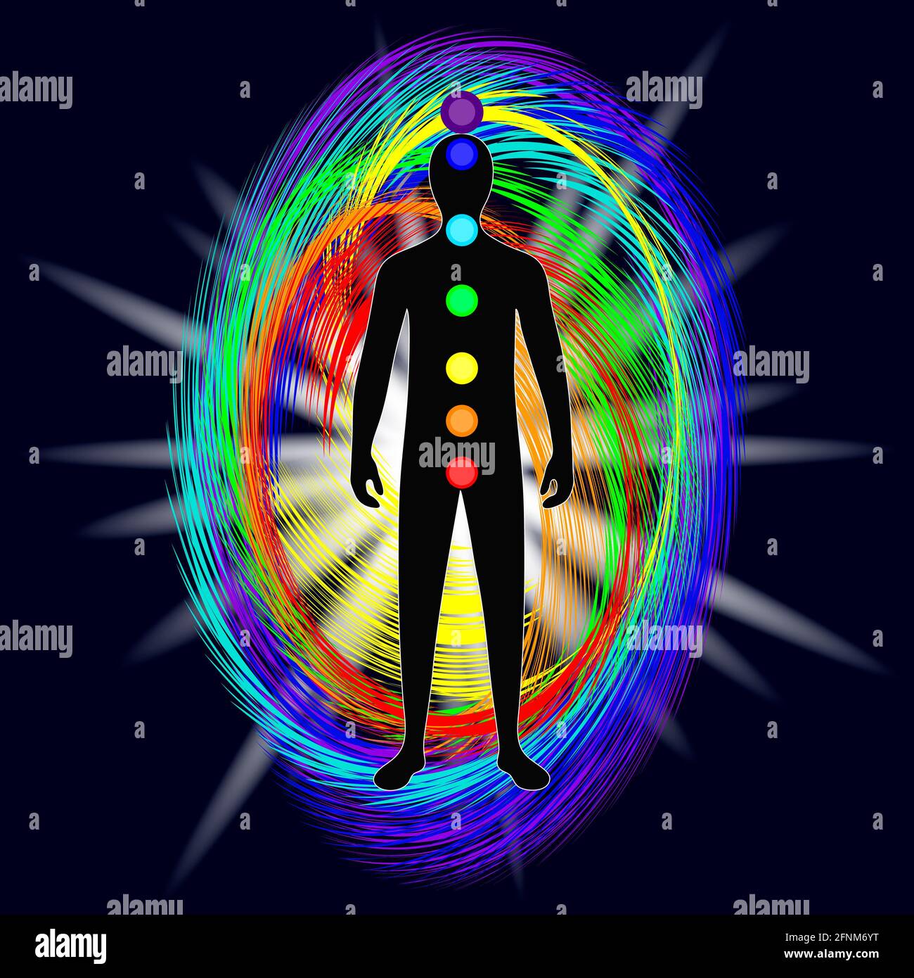 L'aura du corps. La couleur arc-en-ciel marque les couches du corps masculin. Éthérique, émotif, astral. Le système chakral. Fond noir.illustrat Banque D'Images