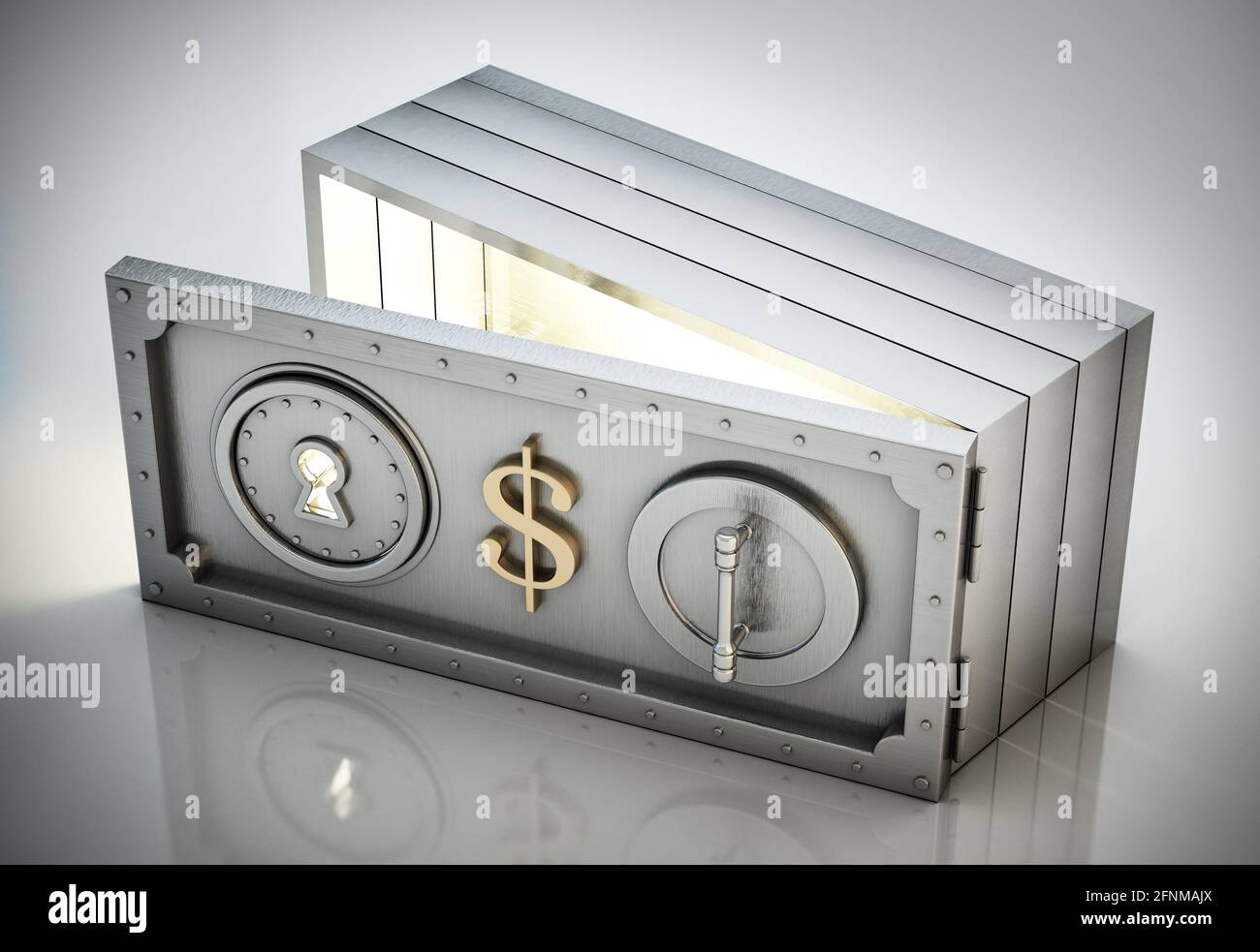 La facture de dollar a façonné l'argent coffre-fort isolé sur fond blanc. Illustration 3D. Banque D'Images