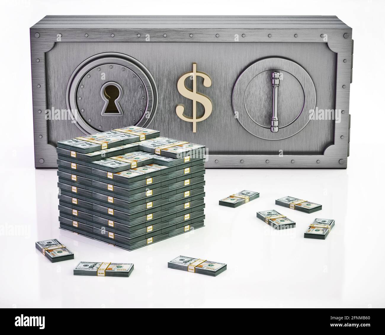 Le billet de dollar a façonné l'argent en toute sécurité et les bankrolls isolés sur fond blanc. Illustration 3D. Banque D'Images