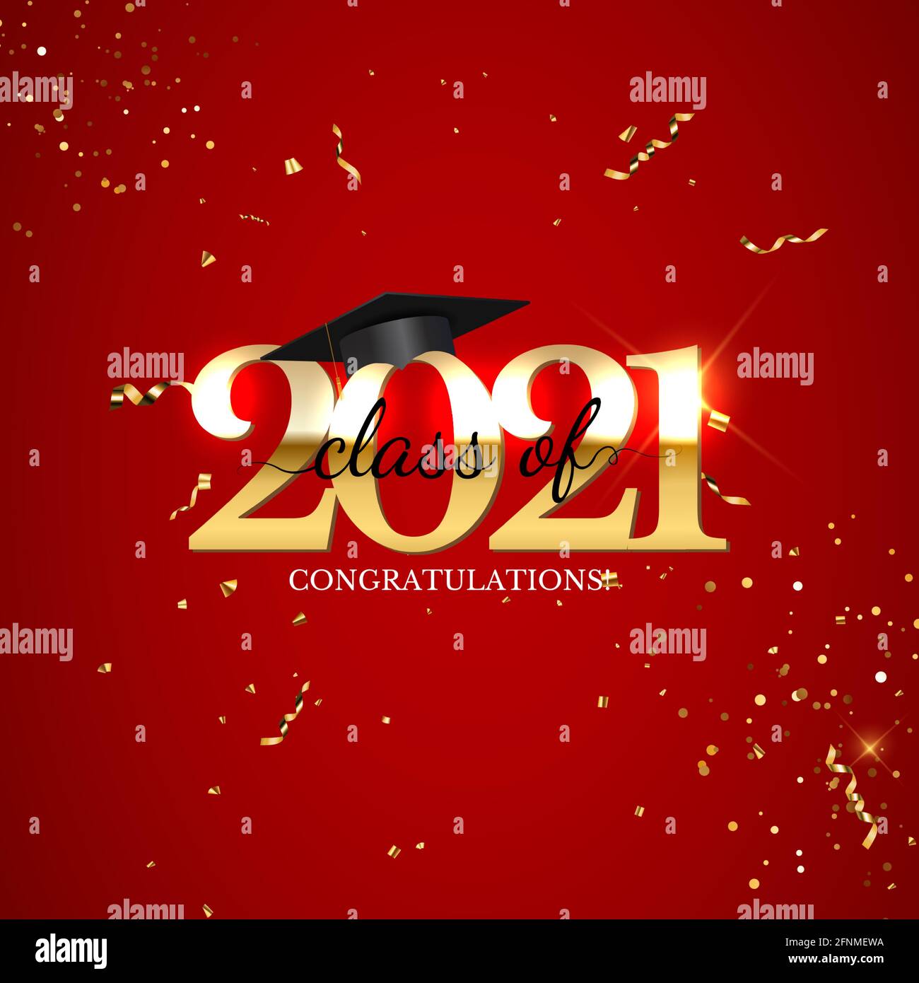 Classe de graduation de 2021 avec chapeau de chapeau de graduation et confetti. Illustration vectorielle Illustration de Vecteur