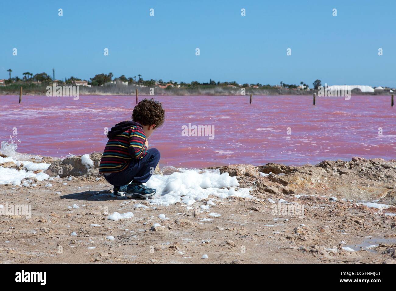 Garçon caucasien de cinq ans avec des cheveux bouclés observant le phénomène naturel du lac rose situé dans la ville De Torrevieja Alicante Espagne Banque D'Images