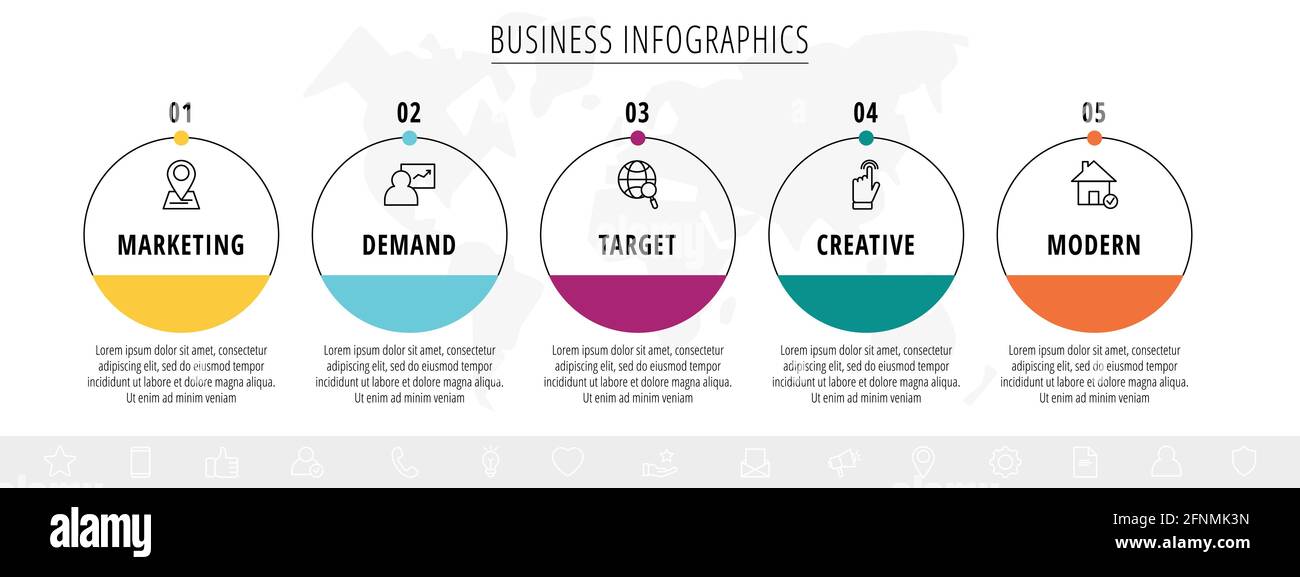Infographies vectorielles cinq cercles avec flèches. Concept métier de 5 étapes, options. Modèle d'infographie pour diagramme, Web, bannière, présentations Illustration de Vecteur