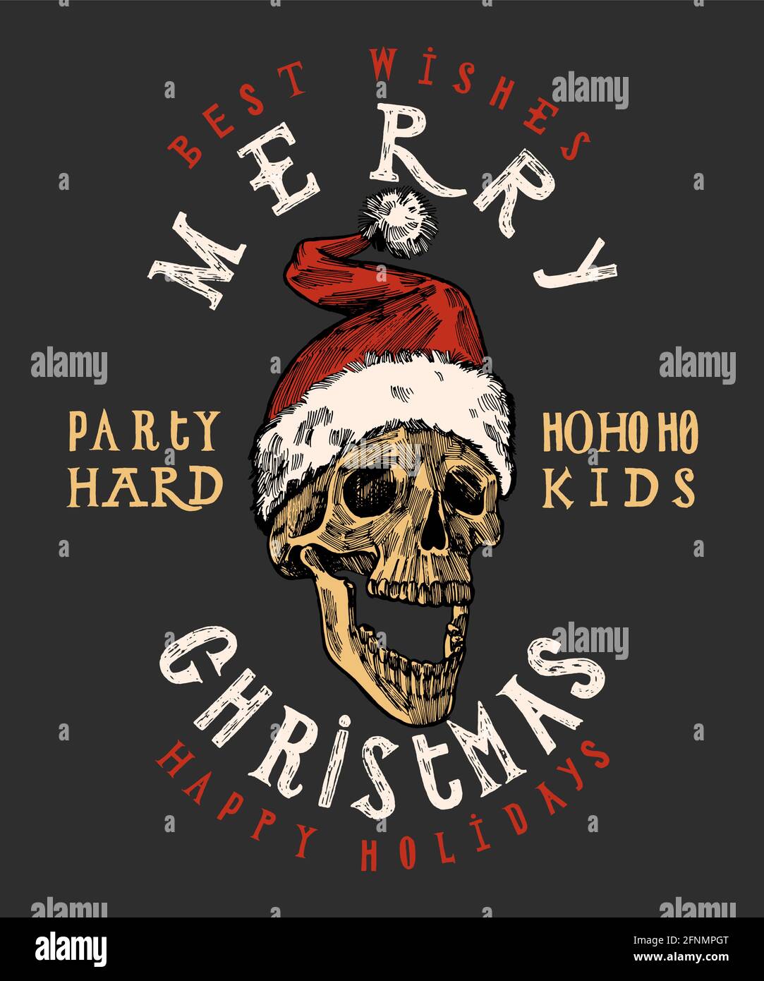 imprimé tête de mort du père noël joyeux. lettrage de noël résistant