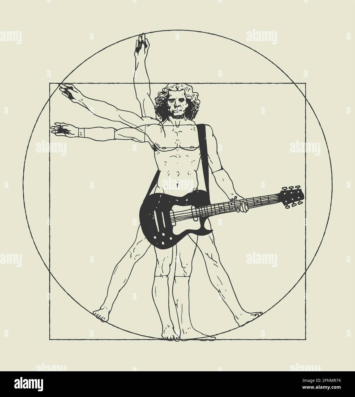 Da Vinci homme jouant de la guitare rock. Imprimé t-shirt Vitruvian man rock Music. Illustration de Vecteur